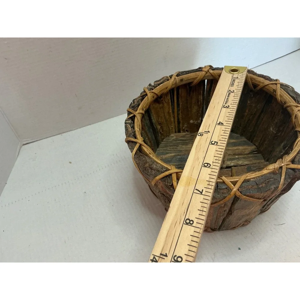 Vintage Bark Wood Basket Rustic Round Planter Brown Cabin Decor 8.5in